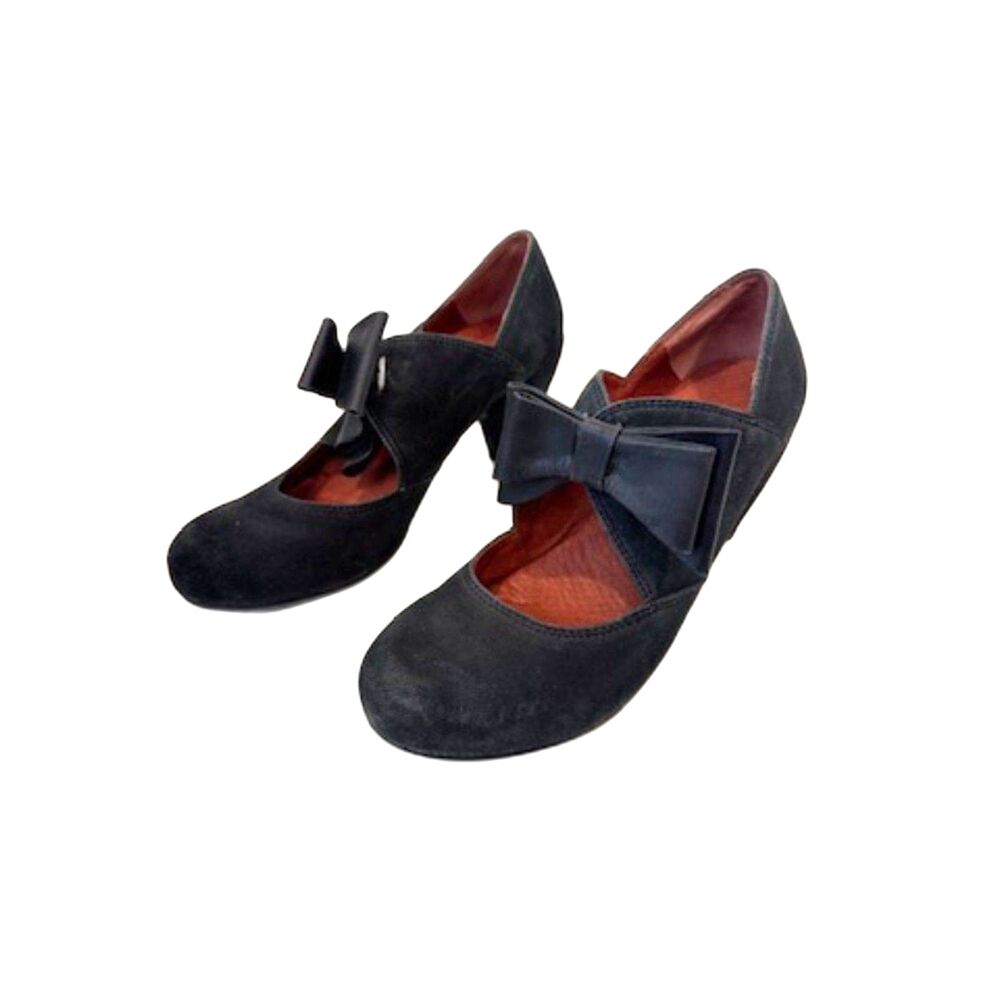 Sachelle Black Mary Jane Suede Heels Leather Bows Cone Heel Size 39 / US 8.5
